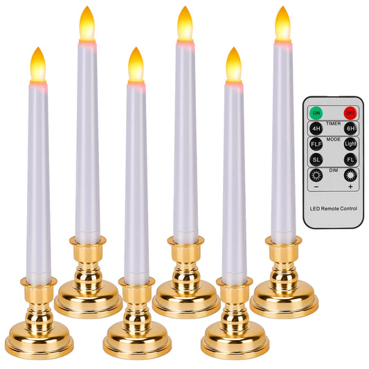 6Pk Flameless Taper Candles 9.8in LED Warm White w/4 Modes Remote Timer Removable Candlesticks - Gold -