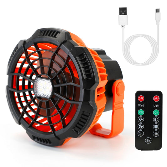 2-in-1 Camping Fan / Lantern - Remote Control, USB Rechargeable, Portable Tent Fan w/ Hanging Hook - 2 Speeds - Orange -