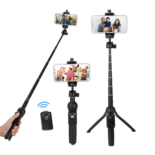 Wireless Desktop Phone Tripod: Telescopic Selfie Stick with Remote Shutter, 45in Extendable. Fits Iphone 13 12 11 XR. - Black -