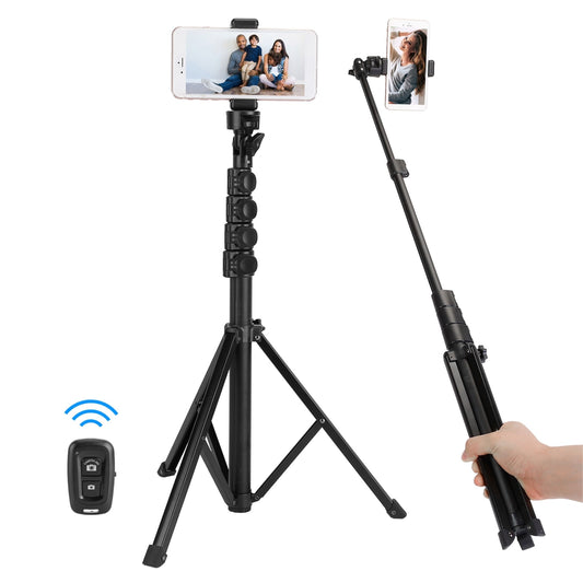 Wireless Desktop Phone Tripod Stand Holder with Remote Shutter - 60in Extendable Selfie Stick for 6.1-6.8” iPhone 1 - Black -