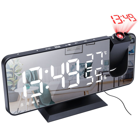 Mirror LED Projection Alarm Clock - Dual Alarms, USB Port, 4 Dimmer, 12/24 Hour - Black -