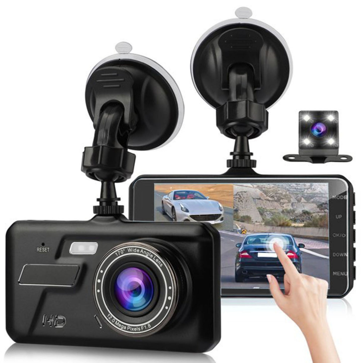 1080P Dual Dash Cam 4" Touch Car Camera Recorder 170° HD Loop DVR - Black -