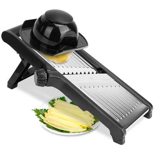 5-in-1 Stainless Steel Mandoline Slicer Set with Adjustable Blades & Food Holder - Black -