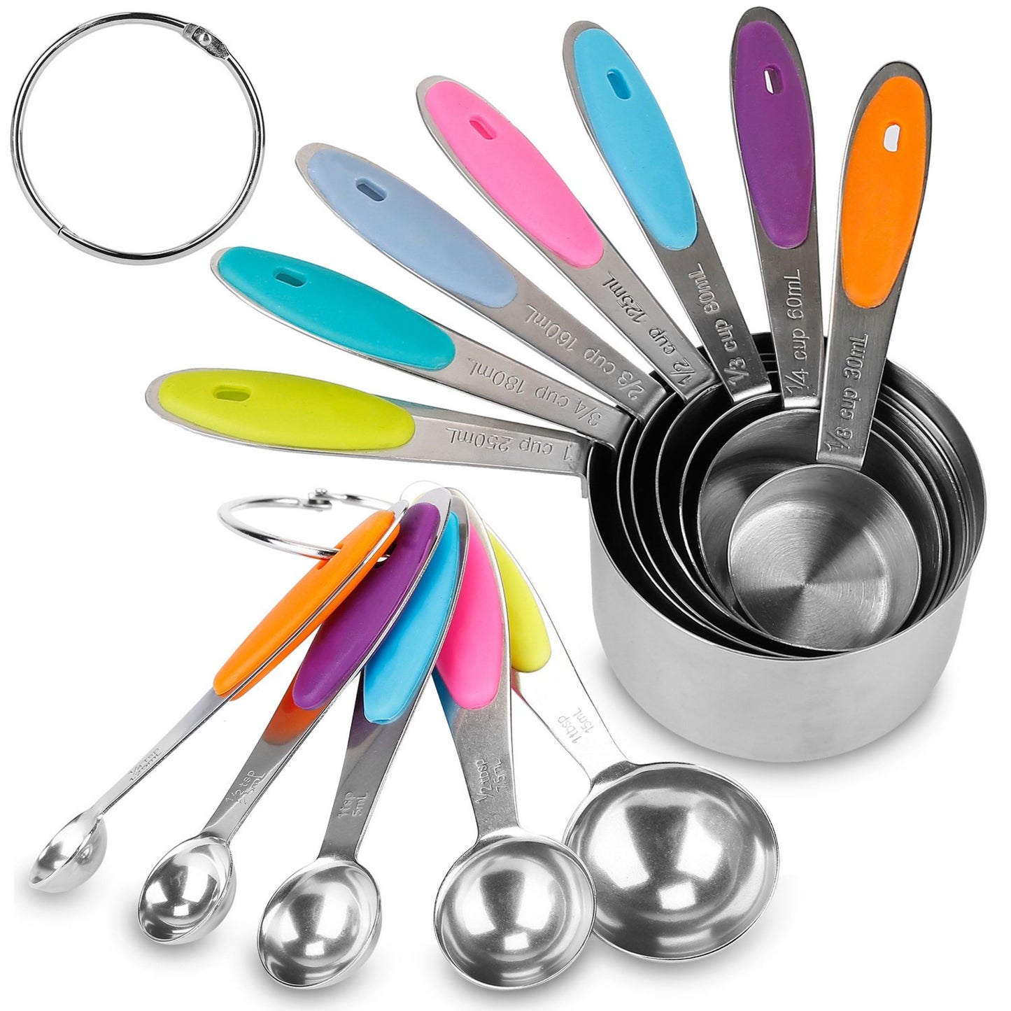 12Pcs Stainless Steel Measuring Cups & Spoons Set, Easy-to-Read Markings for Cooking & Baking, Dry Spices & Liquid Ingredients - Multi -