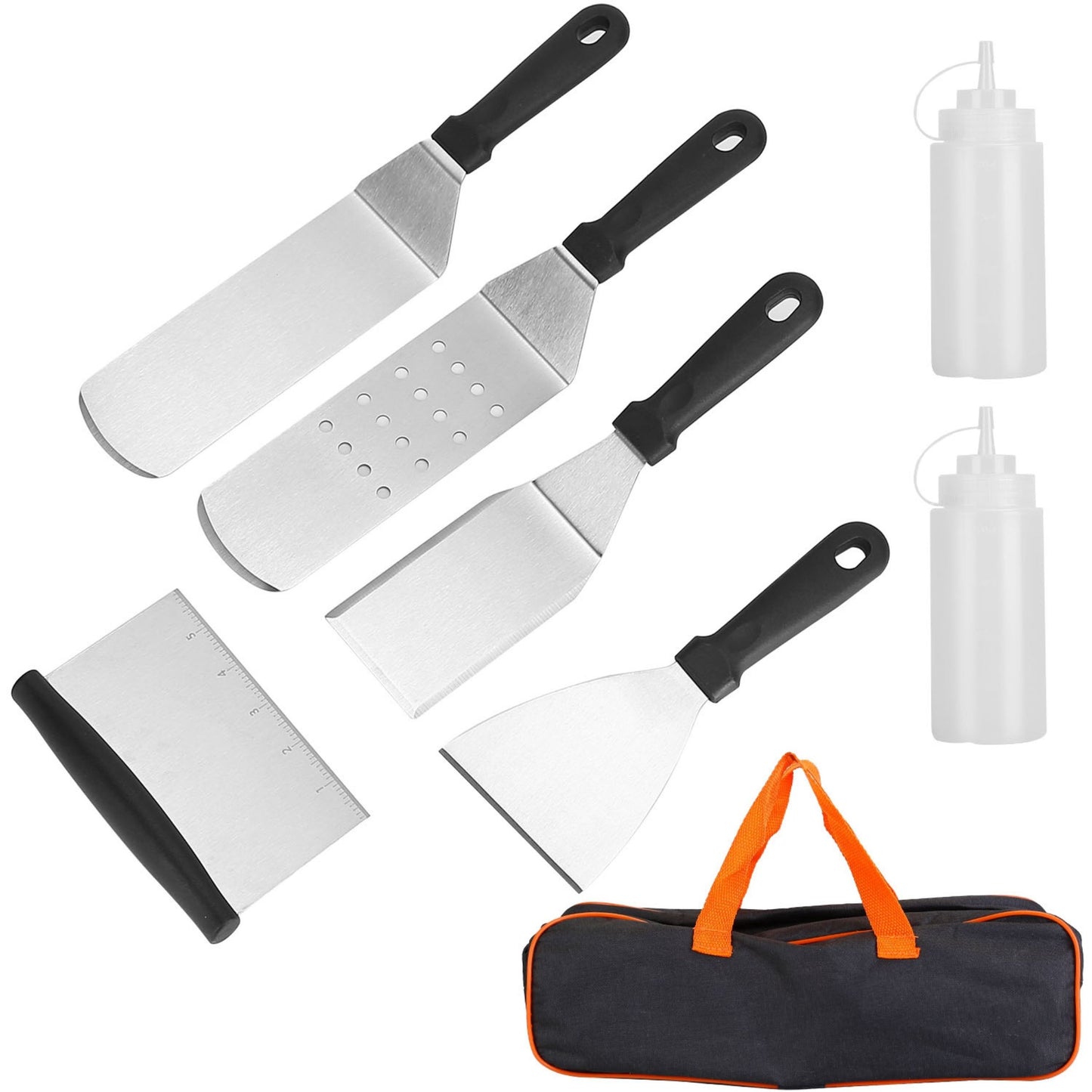 7-Piece BBQ Griddle Utensil Set - Stainless Steel Accessories Kit for Outdoor Grilling. Perfect for Parties, Camping, and Tailgating. - Black -