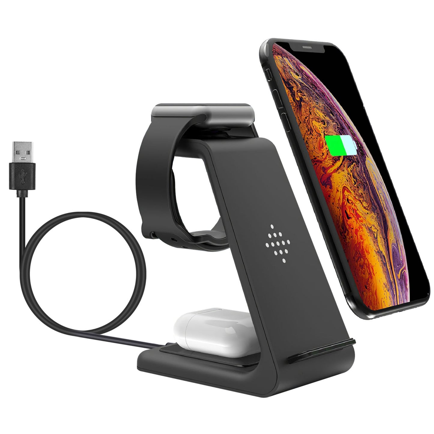 15W 3-in-1 Wireless Charger Dock: Fast Charging Station for iPhone 13/12/11/XS, Apple Watch Series 7/6/5/4/3/2/1, AirPods 2 & Pro - Black -