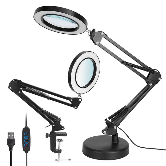 2-in-1 LED Magnifier Desk Lamp 8x with Light, Clamp Stand, Swing Arm, USB Reading Lamp. 10 Brightness, 3 Modes - Black -