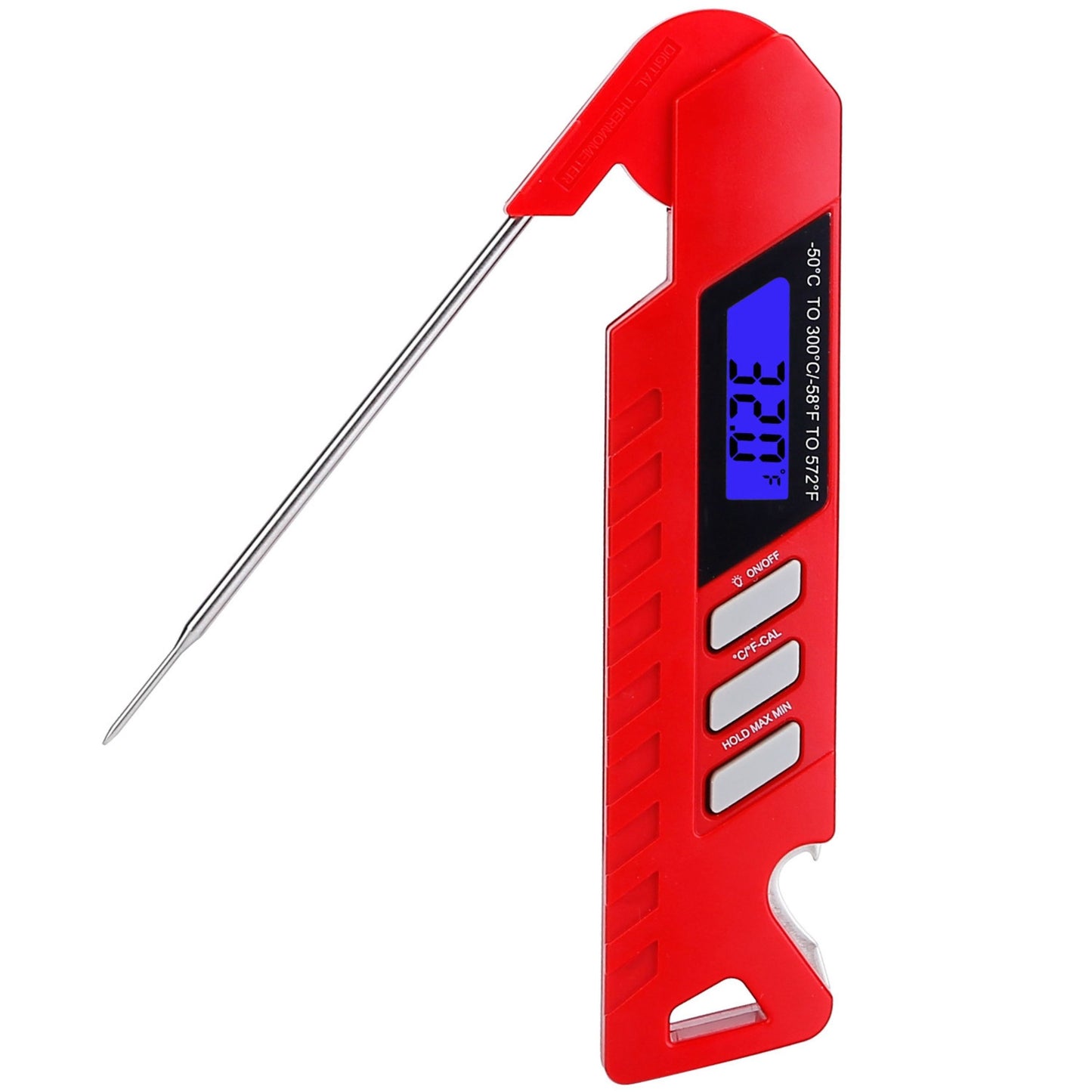 Digital BBQ Meat Thermometer, Instant Read w/4.33in Probe, Backlight, Calibration, IPX5 Waterproof - Liquid Beef - Red -