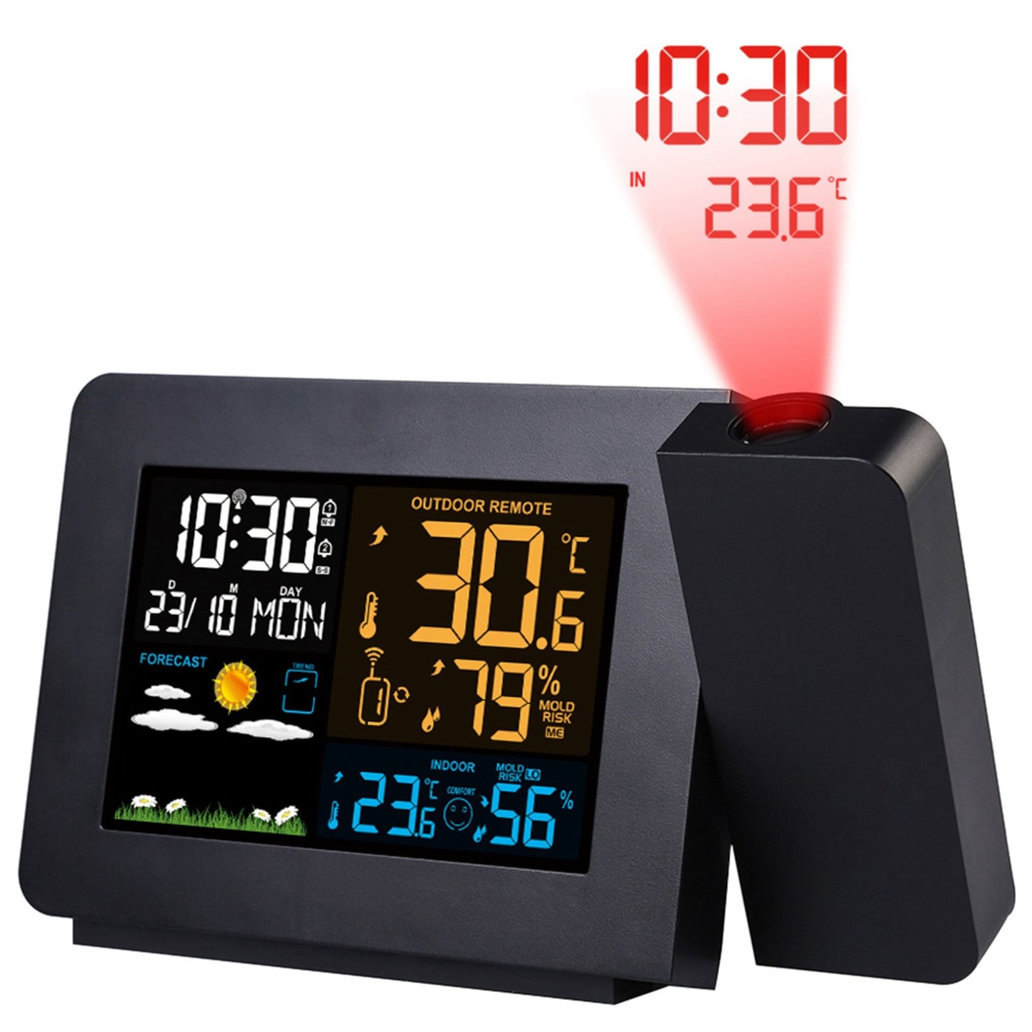 Wireless Weather Station with Atomic Projection Alarm Clock, Dual Alarms, and Outdoor Sensor - Black -