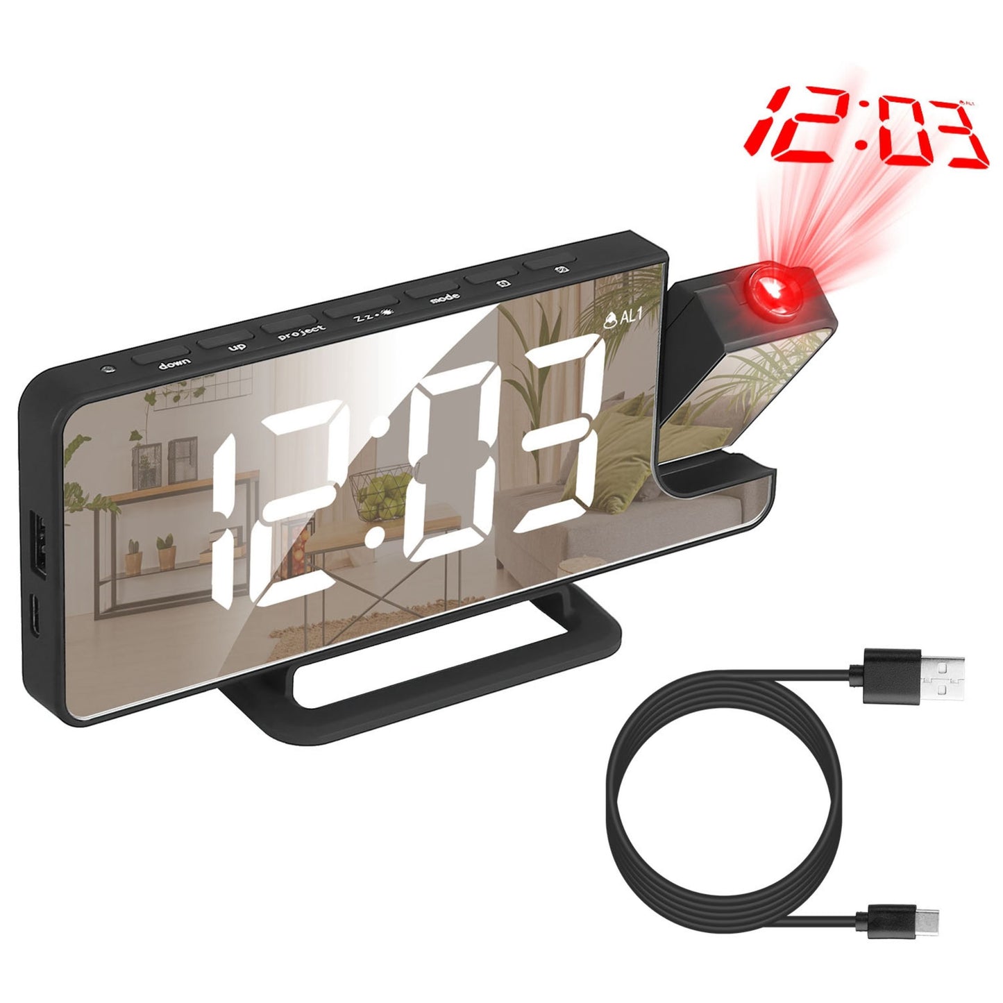 Dual Alarm Projection Clock with USB Port - 6 Dimmer, Snooze, 12/24 Hour - 7.7In Mirror - Black -