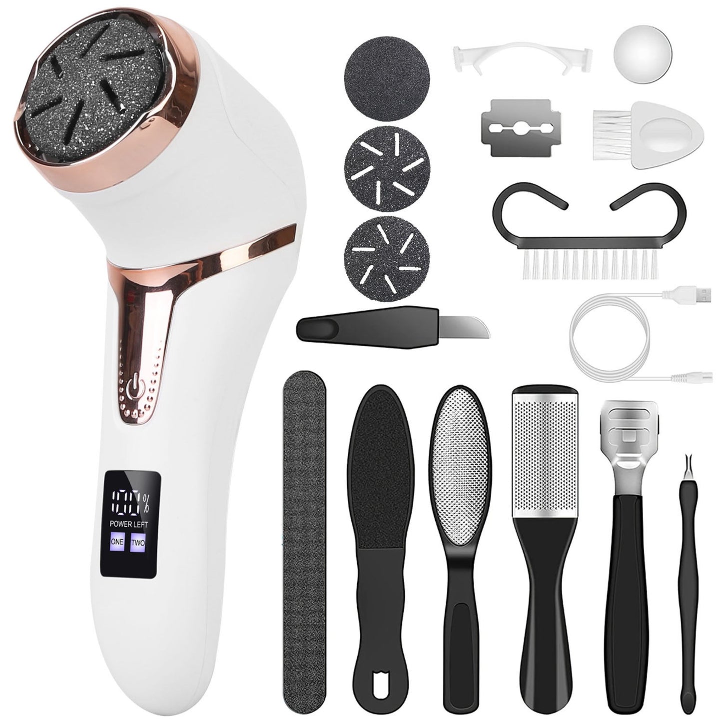 17Pc Electric Foot Callus Remover w/ Vacuum Foot Grinder, Rechargeable Foot File w/ 3 Grinding Heads, 2 Speeds - Foot Care - White -