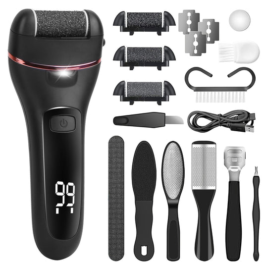 Rechargeable Electric Foot Callus Remover | 3 Roller Heads | 2 Speeds | 18 in 1 Foot Care Tool - Black -