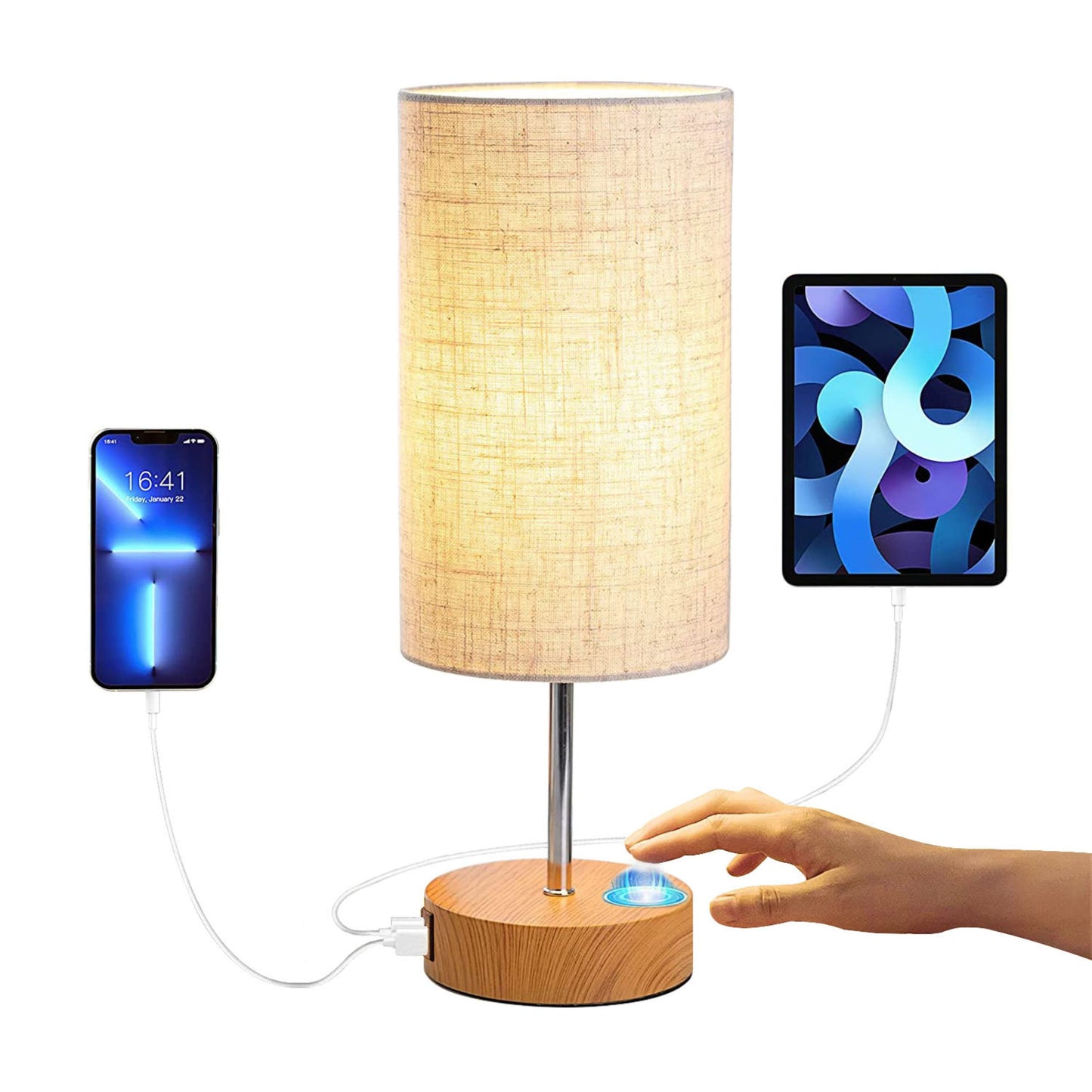 Dimmable 3-Way Touch Table Lamp, Bedroom Nightstand Light with USB Ports & LED Bulb - Wood -