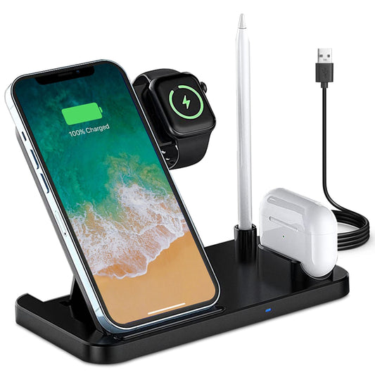 4-in-1 Foldable Wireless Charger: Fast Charging Station for iWatch, Apple Pencil, Airpod, iPhone, Samsung - Black -