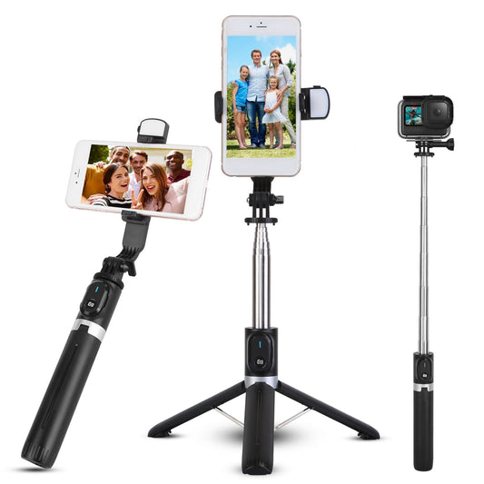 Wireless Selfie Stick Tripod: Portable & Foldable with Fill Lights & Remote Shutter. Fits Go Pro & 4.7"-7" Android/iOS Phones. - Black -