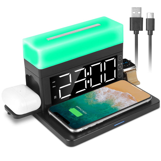 3-in-1 Fast Wireless Charger Dock with Alarm Clock, Dimmable Night Light - iPhone 14/13/12/11/Pro Max/iWatch/AirPods - Multiple Packs - Black -