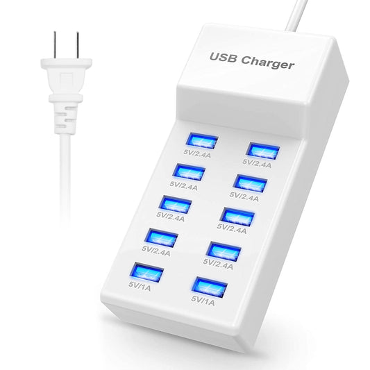 10-Port USB Charging Hub: Fast Charge Power Adapter for Phone & Tablet - White -