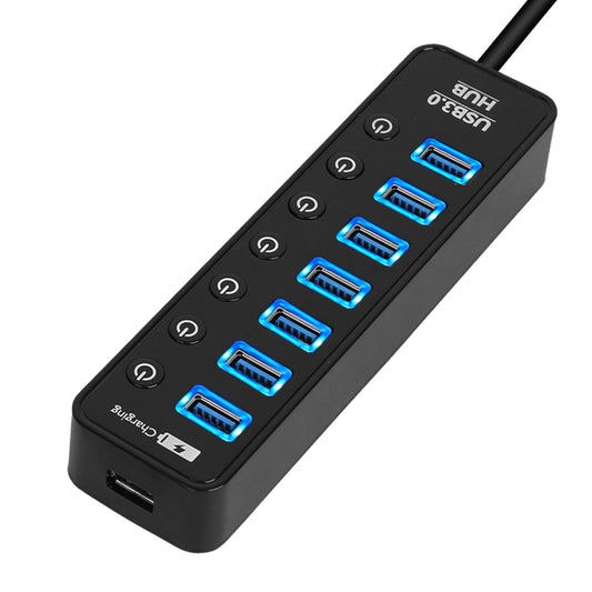 7 Port USB 3.0 Data Hub with Power Adapter - High Speed Sync, On/Off Switches - Black -