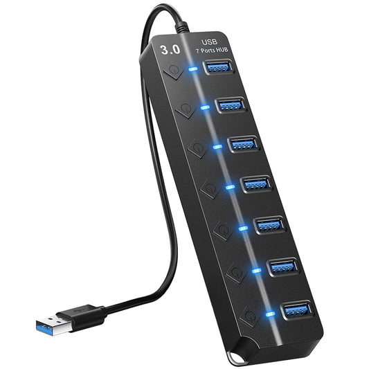 7-Port USB3.0 Hub: High Speed Data Expander with ON/OFF Switch - Black -