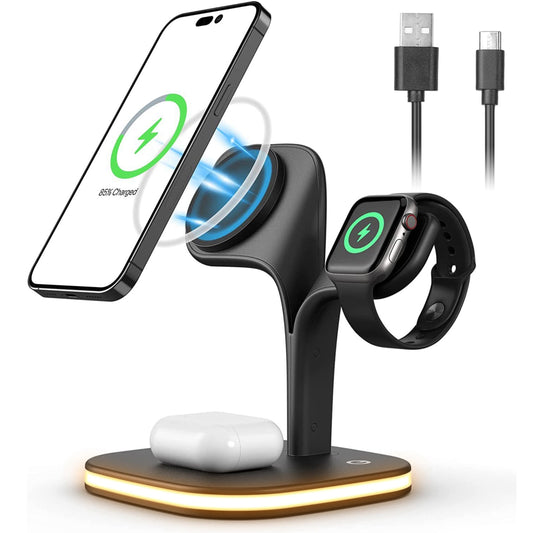 4-in-1 Magnetic Wireless Charger: 15W Fast Charging Stand for iPhone 14/13/12 Pro Max, iWatch 7/6/5, Nightlight - Black -