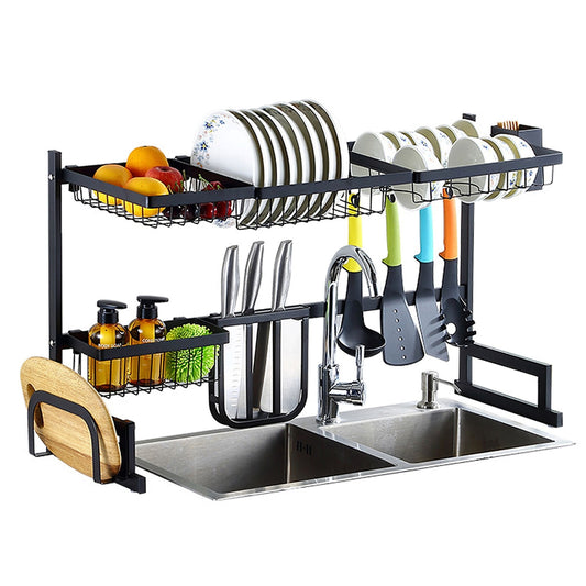 2-Tier Sink Dish Drying Rack, Stainless Steel, 33.7", Large Drainer & Utensil Organizer, Kitchen Countertop Dish Rack - Black -