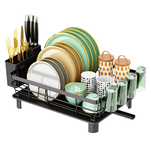 Kitchen Countertop Dish Drying Rack with Utensil Holder, Drain Board, and Storage Shelf - Black -