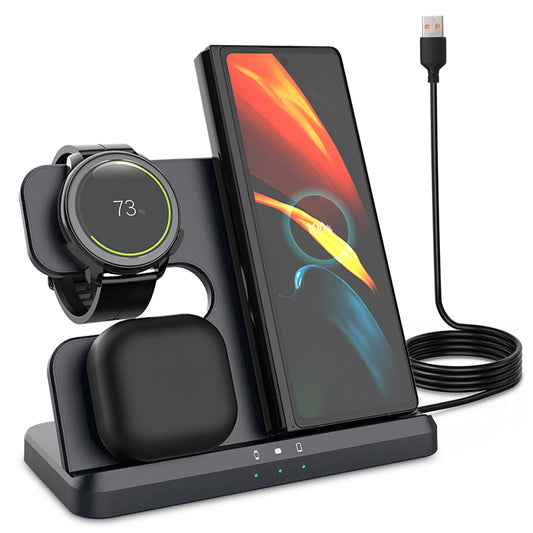 3-in-1 Wireless Charger for Qi Phones, Earphones & Watches - Fast Charging Station for iPhone 13/12 Pro Max, iWatch S7/S6 - Black -