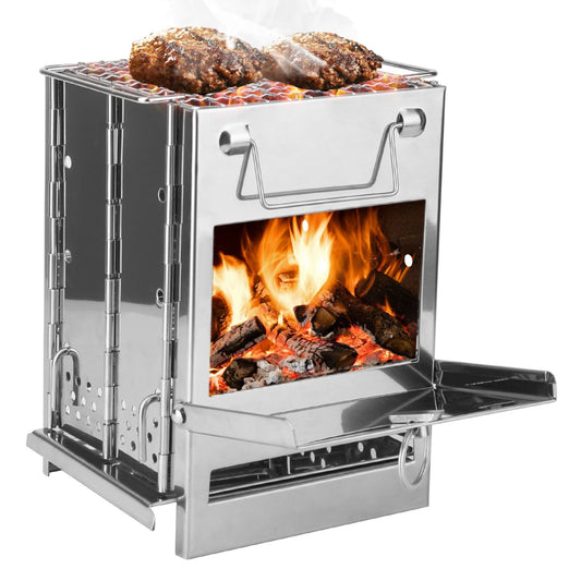 Portable Folding Charcoal Stove - Ideal for Camping & Hiking - Includes Carry Bag & 2 Bolts - Chrome -