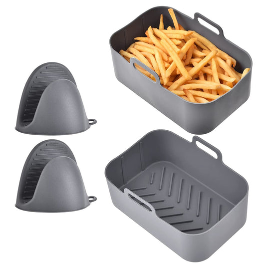 Reusable Air Fryer Silicone Pot for 6-8 Quart Oven, Rectangle Shape, Includes 2 Basket Pans, Parchment Liner Replacement & 1 Pair of Mittens - Gray -