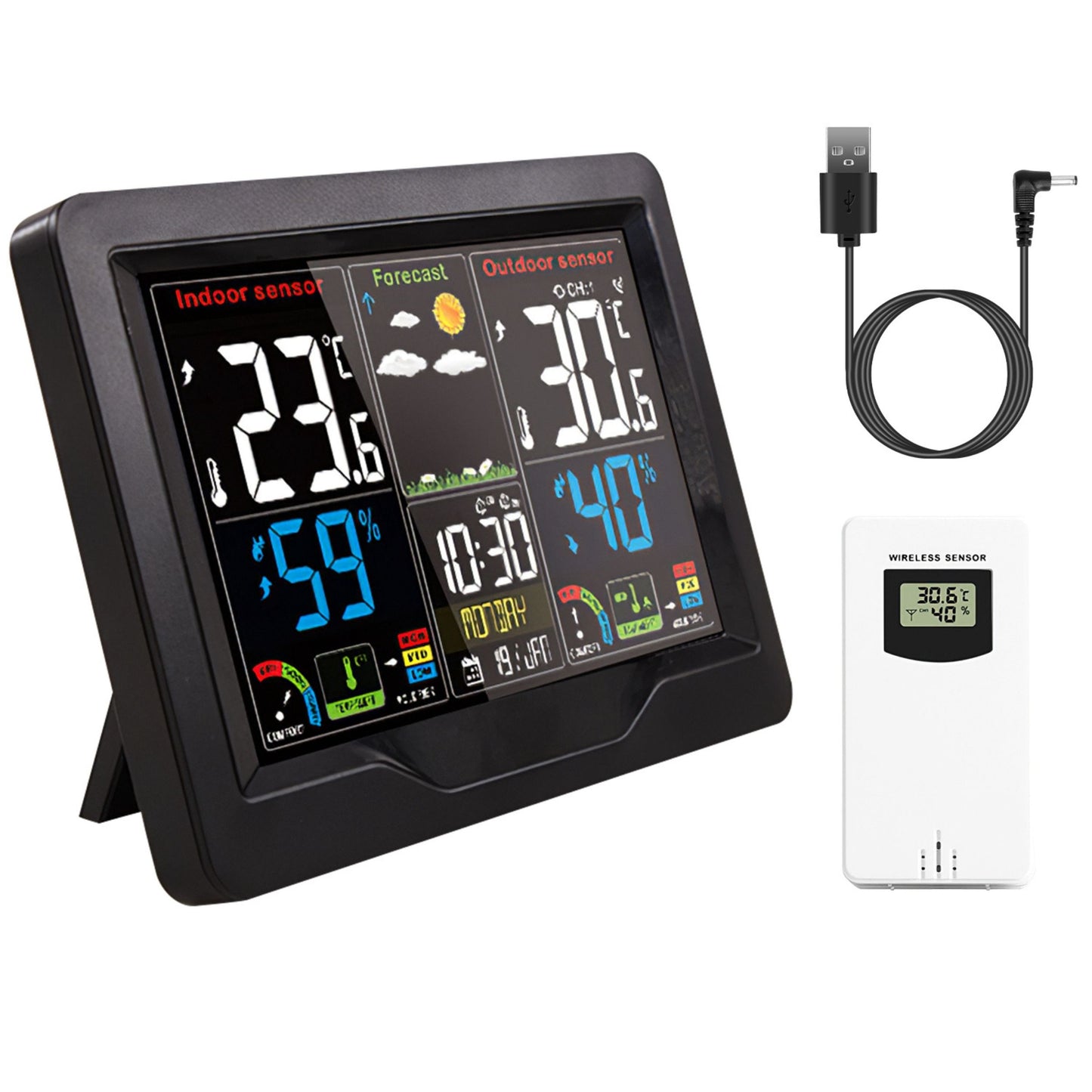 Wireless Weather Station Alarm Clock with Thermometer, Humidity, and Frost Alert - Black -