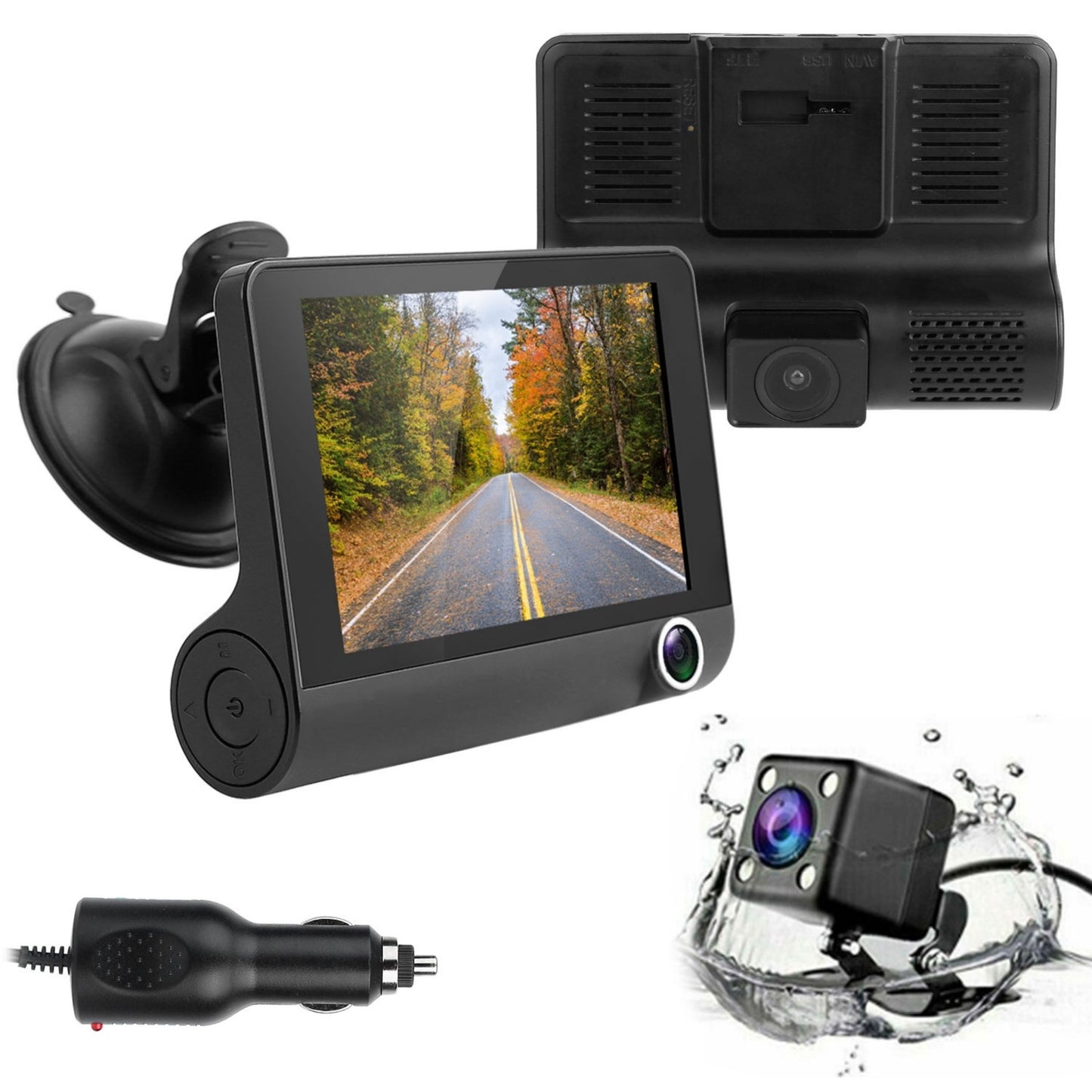 1080P 4" Touch Car DVR Dash Cam 3 Lens Vehicle Recorder Loop Record - Black -