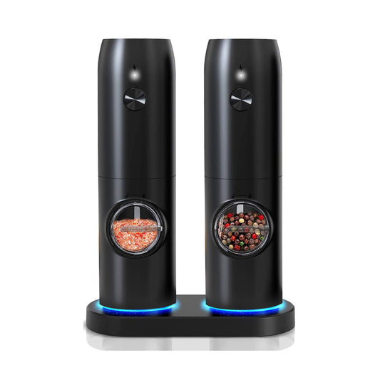 Rechargeable Electric Salt and Pepper Grinder Set - LED Indicator, Adjustable Coarseness, Easy One-Hand Operation - Black -