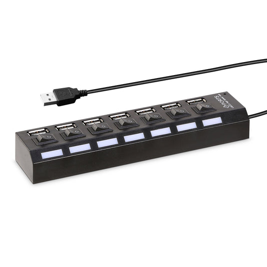 7 Port USB 2.0 Hub - High Speed Multiport with Individual Switches and LEDs - Black -