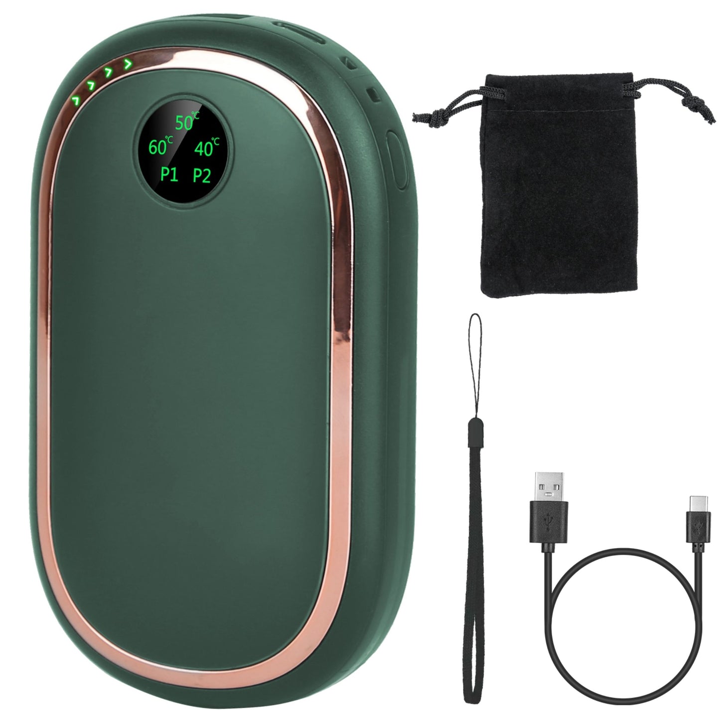 Portable Rechargeable Hand Warmer - 3 Levels, Double-sided Heating, Power Bank - Green -