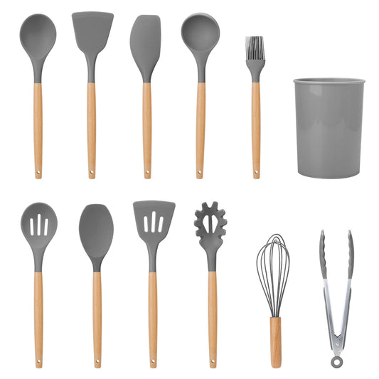 11-Piece Silicone Cooking Utensil Set with Heat-Resistant Wooden Handle - Spatula, Turner, Ladle, Spaghetti Server, Tongs, Spoon, Egg Whisk, and more! - Gray -