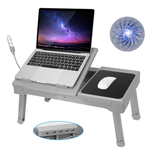 Foldable Laptop Table Bed Desk w/Cooling Fan Mouse Board LED 4 USB Ports Snacking Tray with Storage for Home Office - Gray -