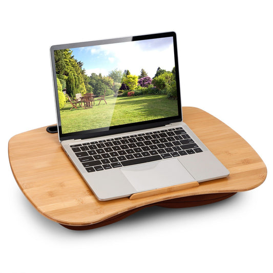 Padded Laptop Lap Desk with Bamboo Tablet Stand - 18.5in Tray for Bed, Sofa, Car - Phone Holder & Stopper Ledge - Wood - Large