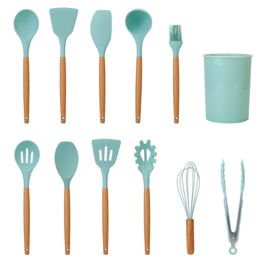 11-Piece Silicone Cooking Utensil Set with Heat-Resistant Wooden Handle - Spatula, Turner, Ladle, Spaghetti Server, Tongs, Spoon, Egg Whisk, and more! - Light Green -