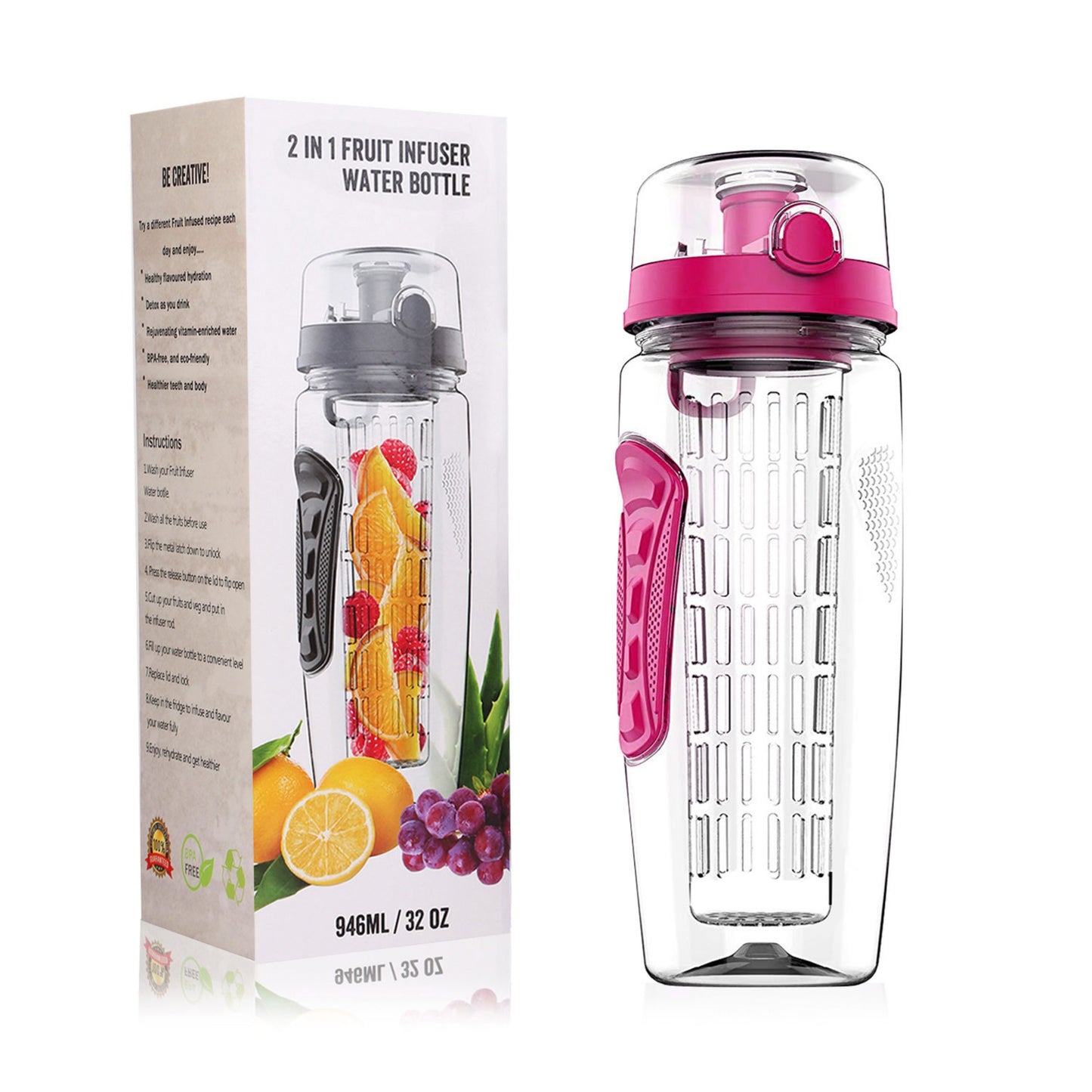 32oz Fruit Infuser Water Bottle with Flip Top Lid - Perfect for Office, Home, Sport, Running, Walking, Hiking - Pink -