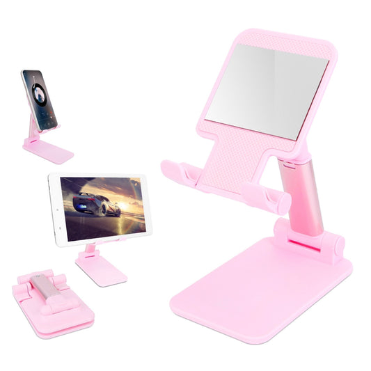 Foldable Phone Stand - Adjustable Angle & Height - Fits 4-12.9in Device - Tablet Holder Cradle Dock with Mirror - Pink -