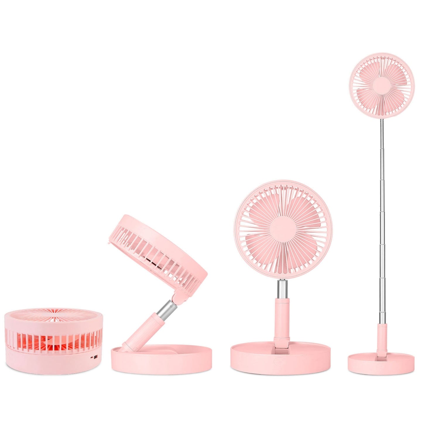 Portable Folding Desk Fan - USB Rechargeable, Quiet, 4 Speeds, Adjustable Height, 180° Tilting Angle - Pink -