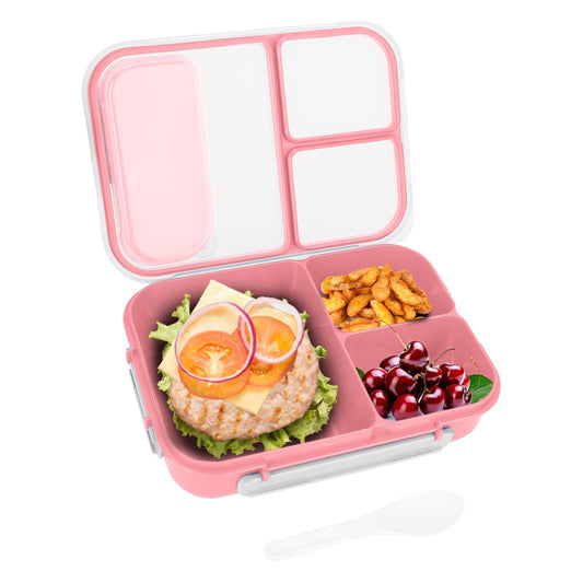 Leak-proof Lunch Box with 3 Compartments - Portable Food Storage - Pink -