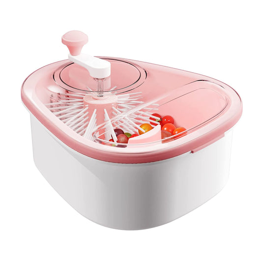 Salad Spinner with Brush - Hand Crank Fruit & Vegetable Cleaning Device - Kitchen Gadget - Pink -