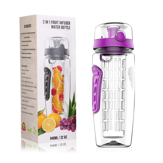 32oz Fruit Infuser Water Bottle with Flip Top Lid - Perfect for Office, Home, Sport, Running, Walking, Hiking - Purple -