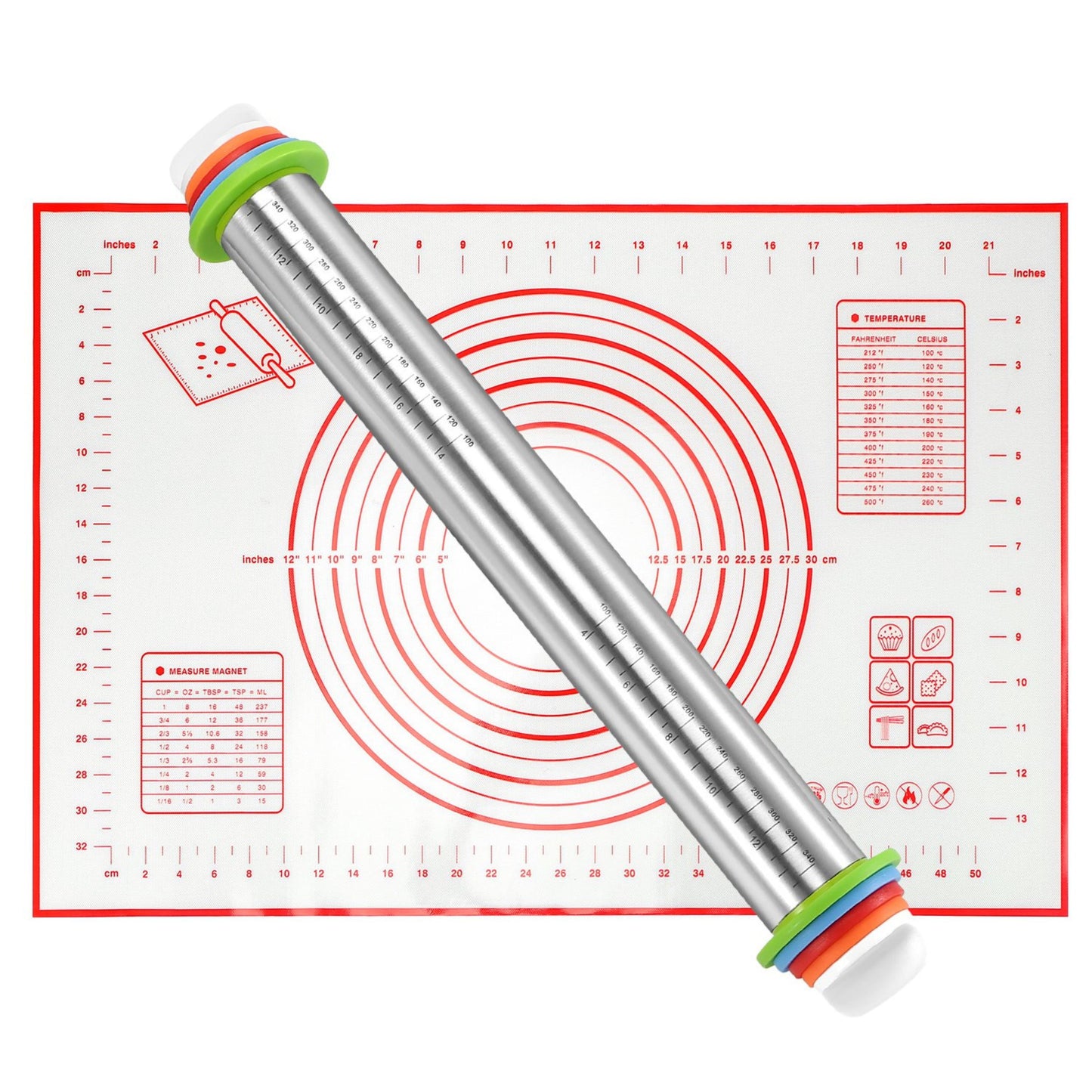 Stainless Steel Rolling Pin with 4 Adjustable Rings, Rolling Mat - Baking Pizza, Fondant & Pie - 150 characters. - Red -