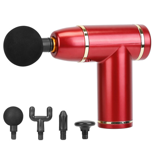 Cordless Percussion Massage Gun - USB-C Rechargeable, 4 Heads, 8 Intensities - Red -