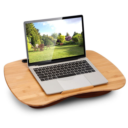 Laptop Lap Desk w/ Pillow Cushion, Bamboo, 14in, Tablet Stand, Phone Holder, Tray, Stopper, Sofa Bed, Car - Wood - Small