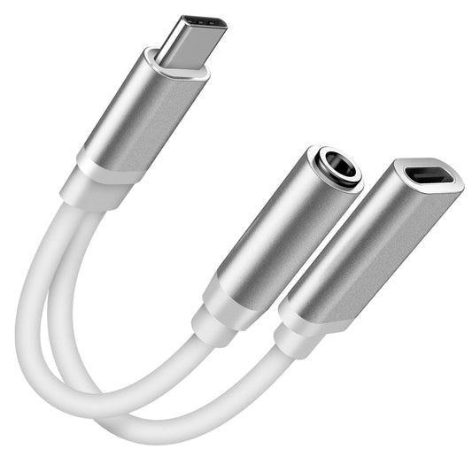 USB-C to 3.5mm Audio Charging Adapter - Metal Shell, Headphone Jack Splitter, Charger - Silver -