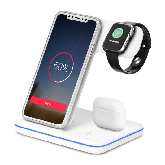 15W 3-in-1 Wireless Charger Stand for iWatch Series 5/4/3/2/1, AirPods, iPhone 11/11 Pro/Xs/X Max/XR/X/8/8Plus & Samsung - White -