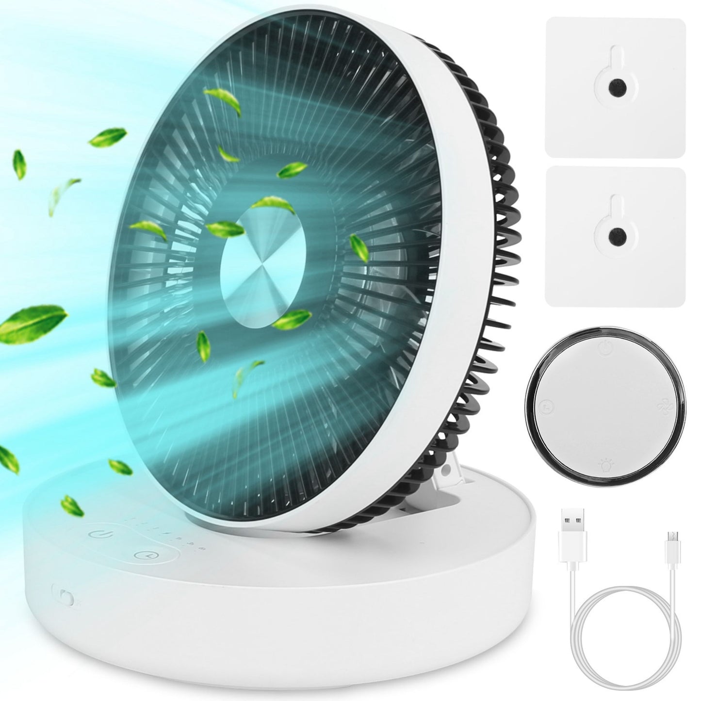 Foldable Rechargeable LED Desk Fan - Wall Mounted, Magnetic Remote, 4 Speeds, 2 Brightness, Time Setting - White -